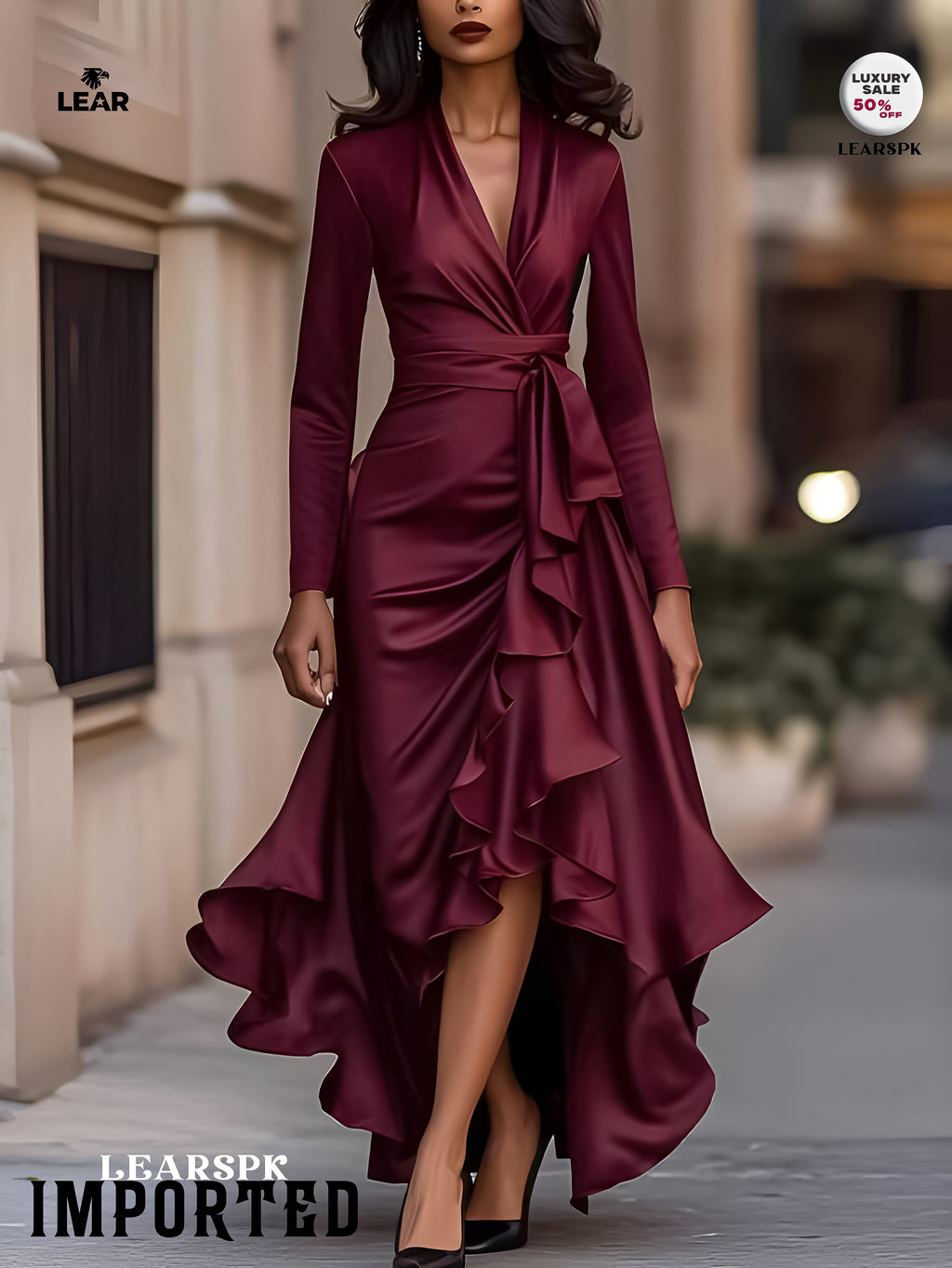 Satin Wrap Maxi Dress | Long Sleeve Belted High Low Evening Gown