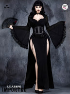 Gothic Velvet Maxi Dress: Lace Sleeves, Corset Waist, Halloween Witch Costume