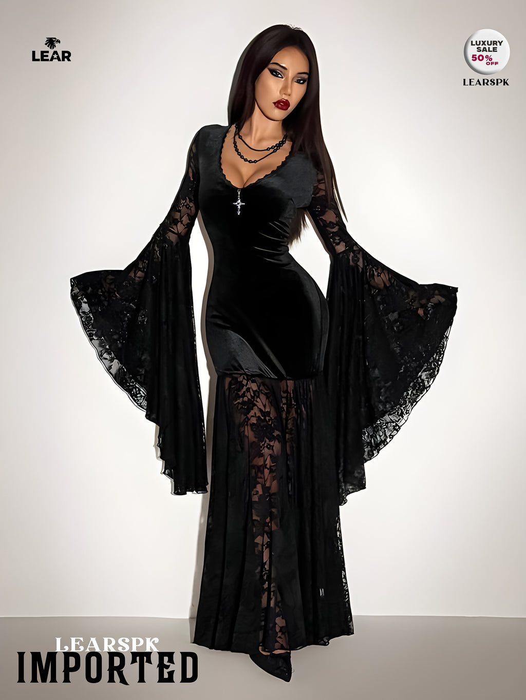 Gothic Black Velvet Dress | Flare Sleeve Lace Hem Witch Vampire