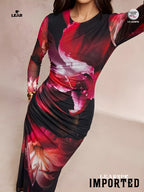 Dark Purple Floral Pleated Mermaid Dress | Long Sleeve Midi