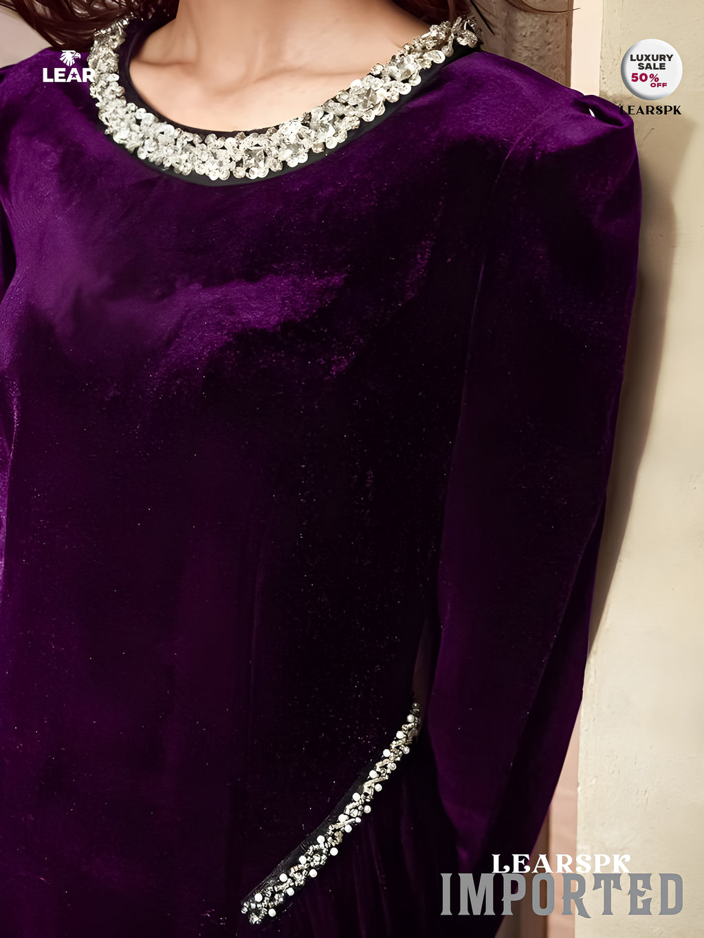 Velvet Rhinestone Trim Formal Dress | Long Sleeve Evening Gown
