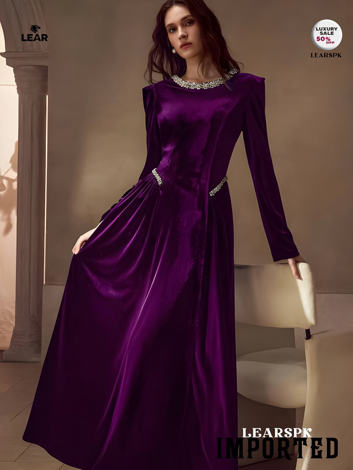 Velvet Rhinestone Trim Formal Dress | Long Sleeve Evening Gown