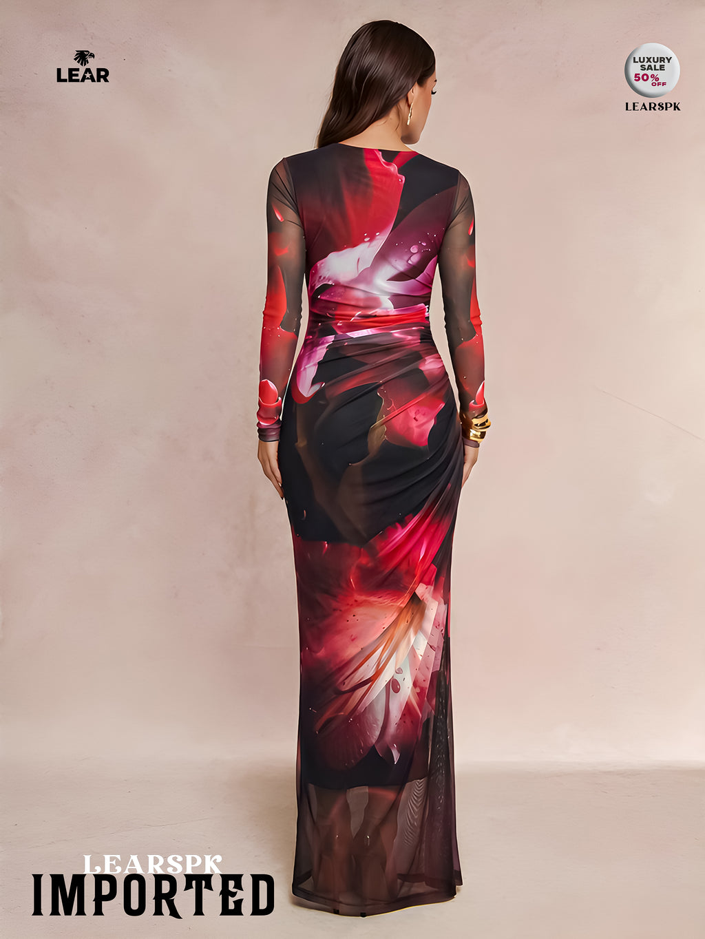 Dark Purple Floral Pleated Mermaid Dress | Long Sleeve Midi