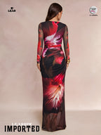 Dark Purple Floral Pleated Mermaid Dress | Long Sleeve Midi