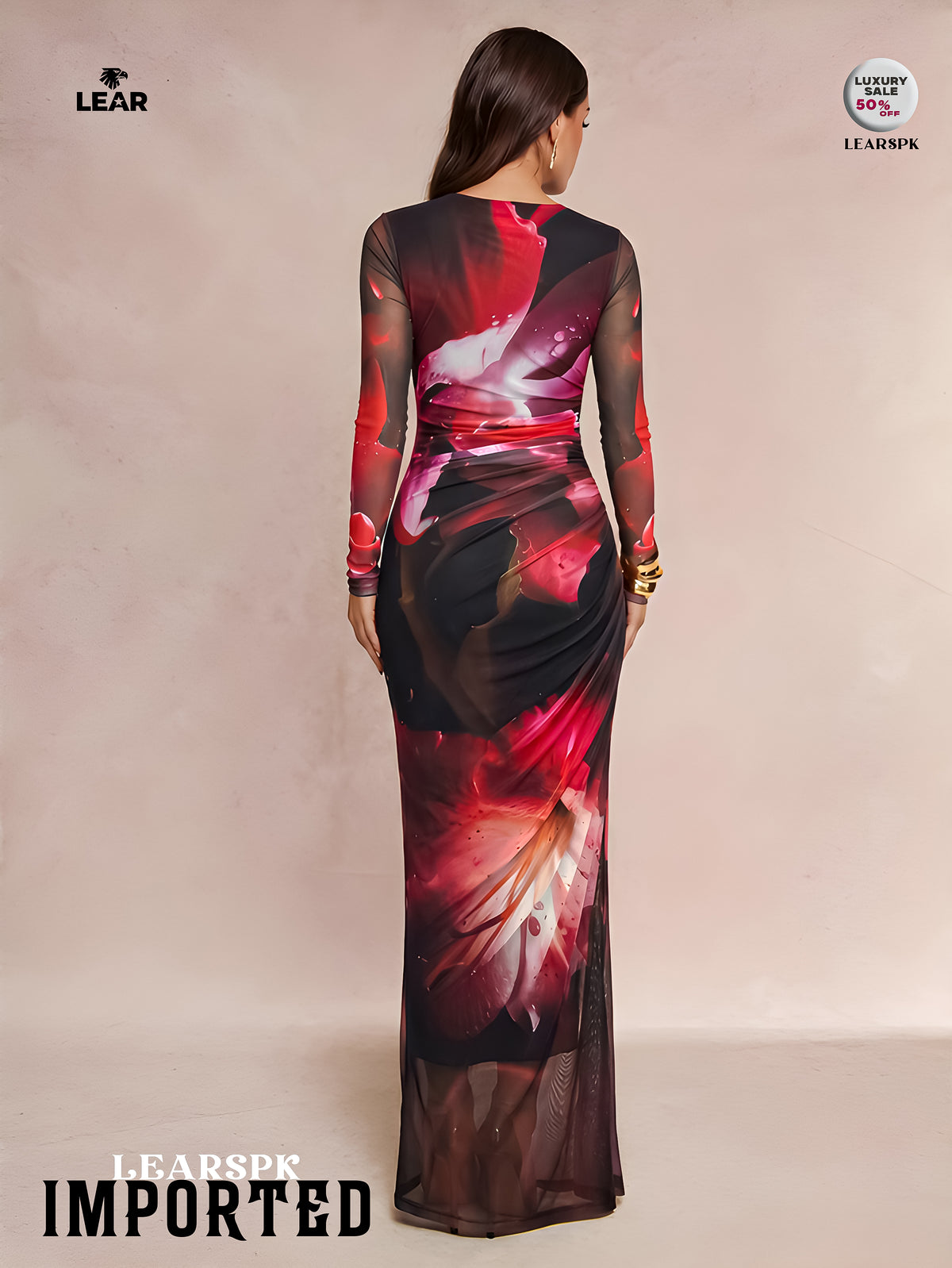 Dark Purple Floral Pleated Mermaid Dress | Long Sleeve Midi