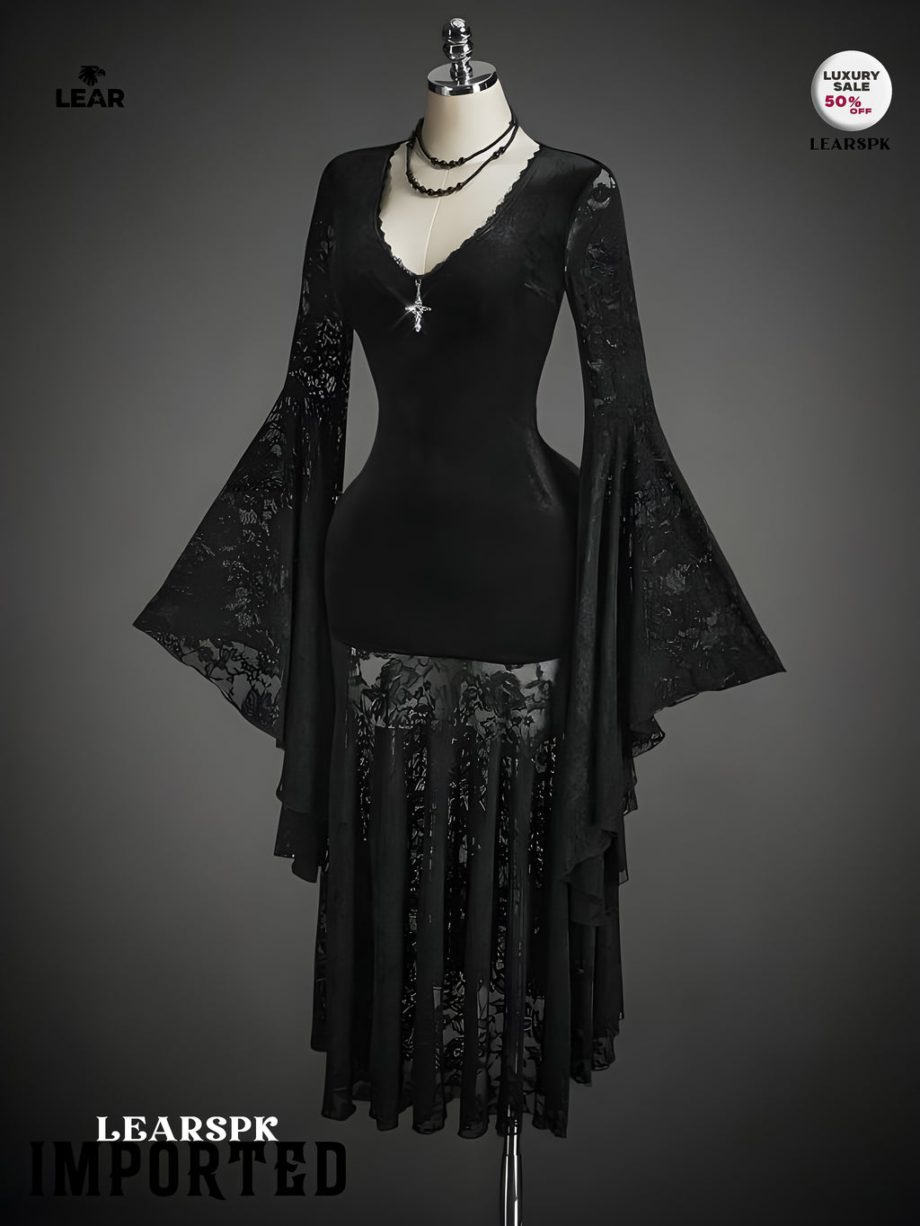 Gothic Black Velvet Dress | Flare Sleeve Lace Hem Witch Vampire