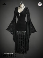Gothic Black Velvet Dress | Flare Sleeve Lace Hem Witch Vampire