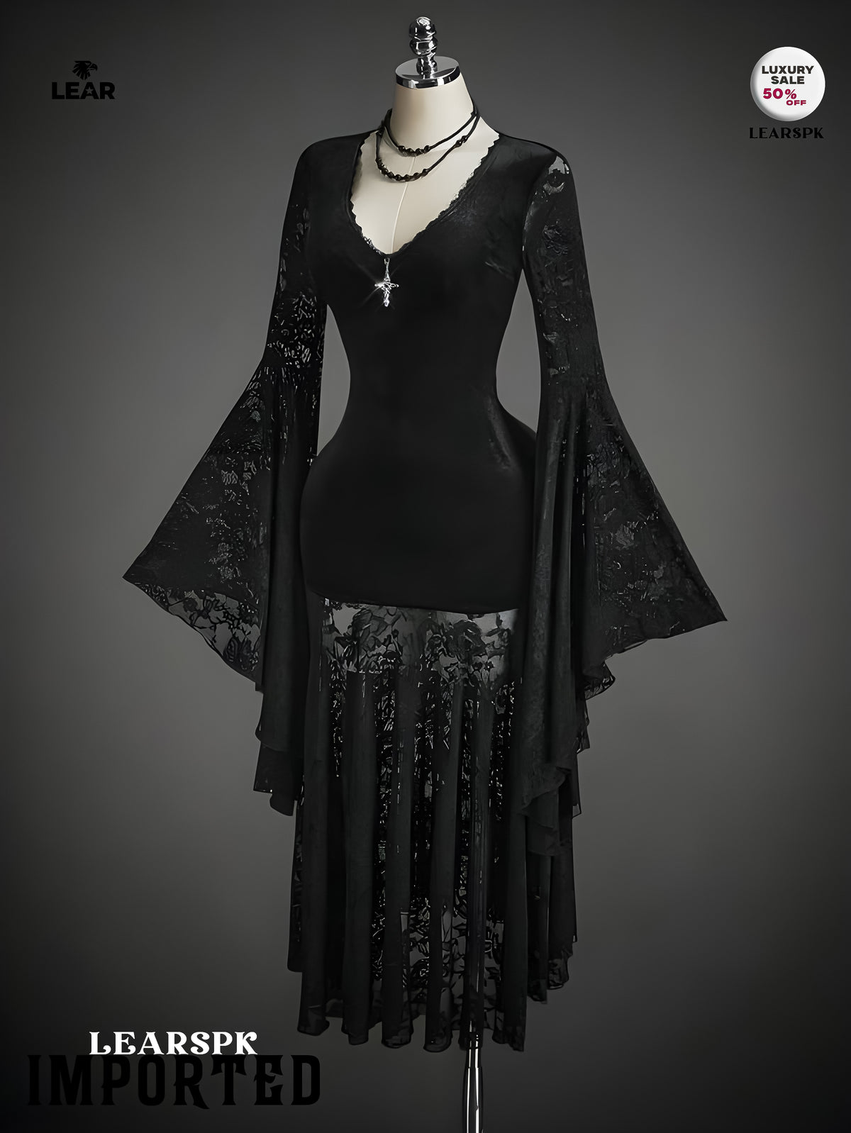 Gothic Black Velvet Dress | Flare Sleeve Lace Hem Witch Vampire
