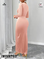 Black Velvet Wrap Dress | Long Sleeve Deep V Ruched Slit Gown