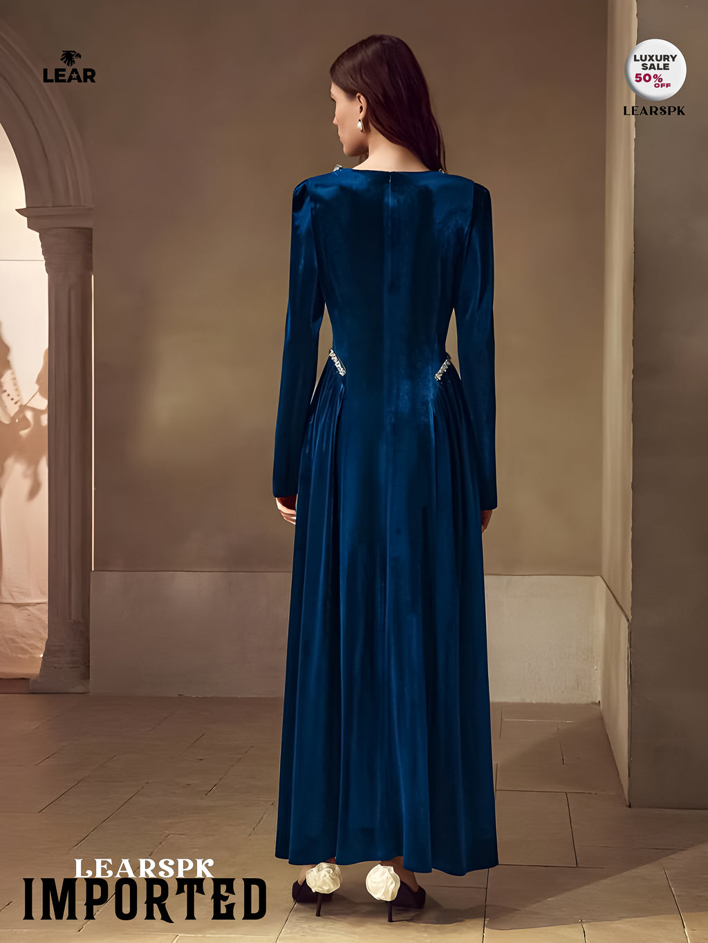 Velvet Rhinestone Trim Formal Dress | Long Sleeve Evening Gown