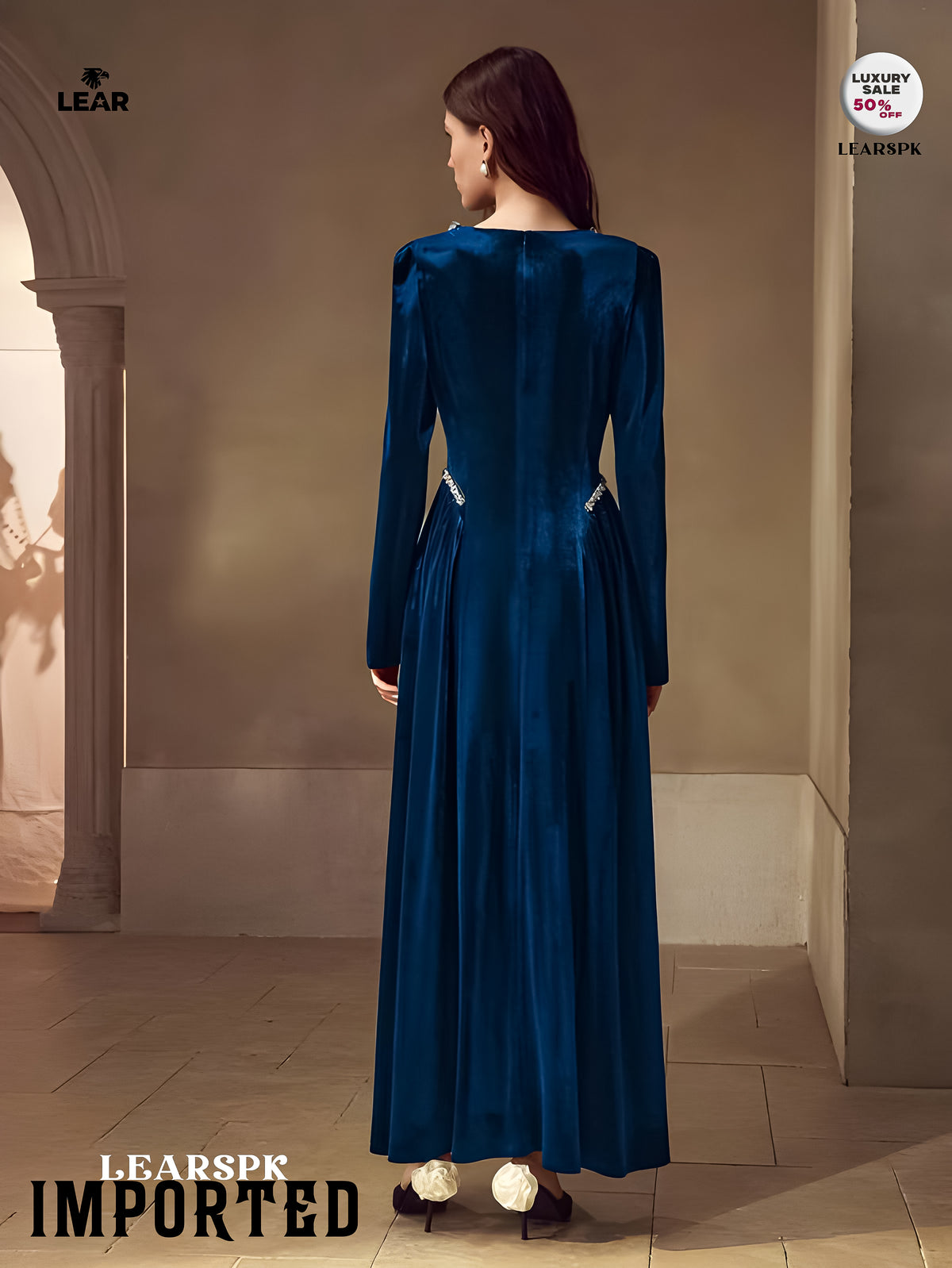 Velvet Rhinestone Trim Formal Dress | Long Sleeve Evening Gown