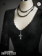 Gothic Black Velvet Dress | Flare Sleeve Lace Hem Witch Vampire