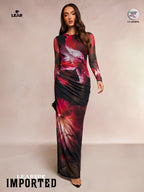 Dark Purple Floral Pleated Mermaid Dress | Long Sleeve Midi