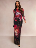 Dark Purple Floral Pleated Mermaid Dress | Long Sleeve Midi