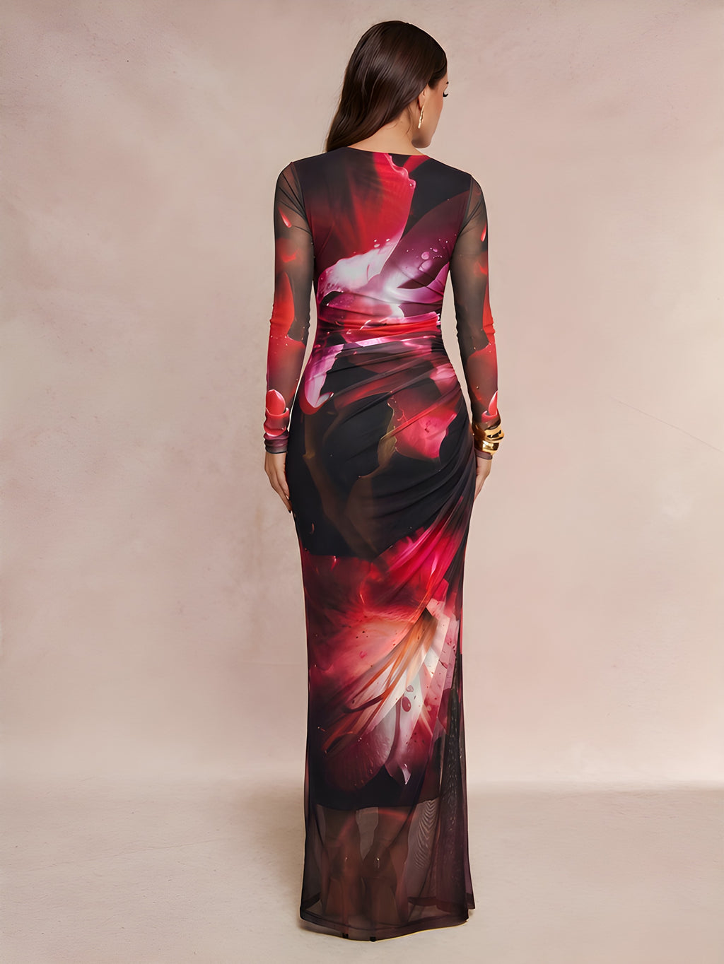 Dark Purple Floral Pleated Mermaid Dress | Long Sleeve Midi