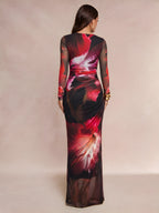 Dark Purple Floral Pleated Mermaid Dress | Long Sleeve Midi