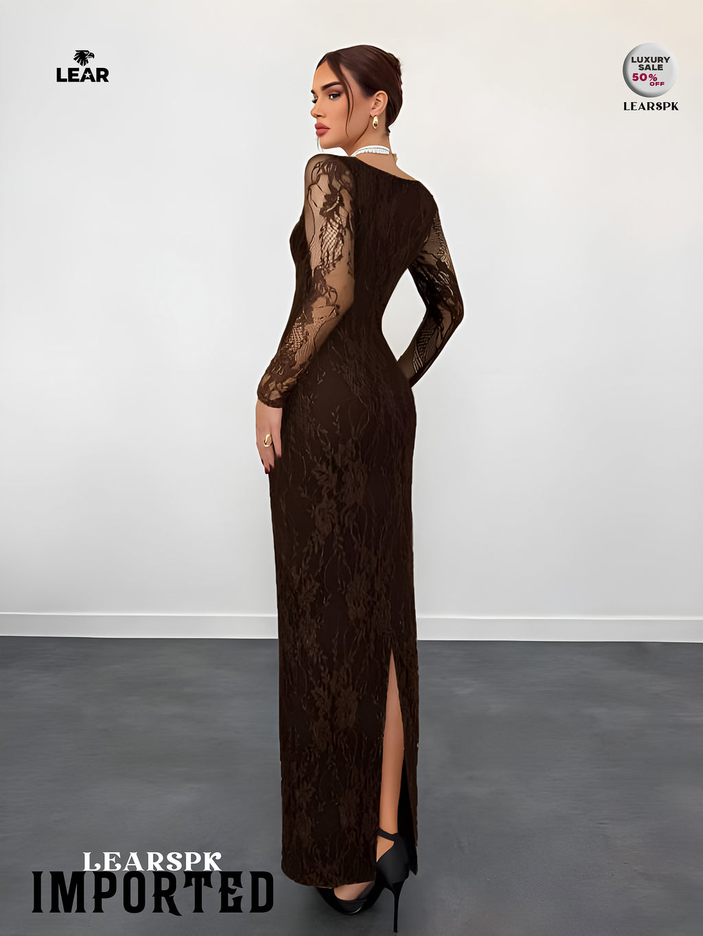 Beige Lace Bodycon Maxi Dress | Long Sleeve Wedding Guest Gown