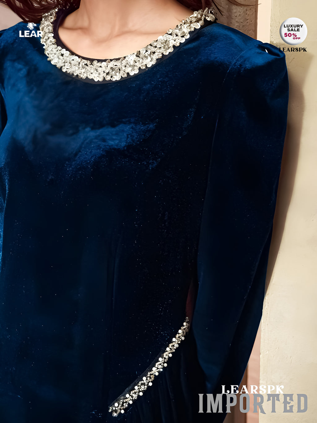 Velvet Rhinestone Trim Formal Dress | Long Sleeve Evening Gown