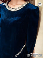 Velvet Rhinestone Trim Formal Dress | Long Sleeve Evening Gown