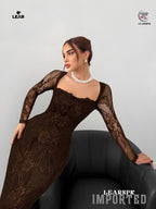 Beige Lace Bodycon Maxi Dress | Long Sleeve Wedding Guest Gown