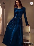 Velvet Rhinestone Trim Formal Dress | Long Sleeve Evening Gown