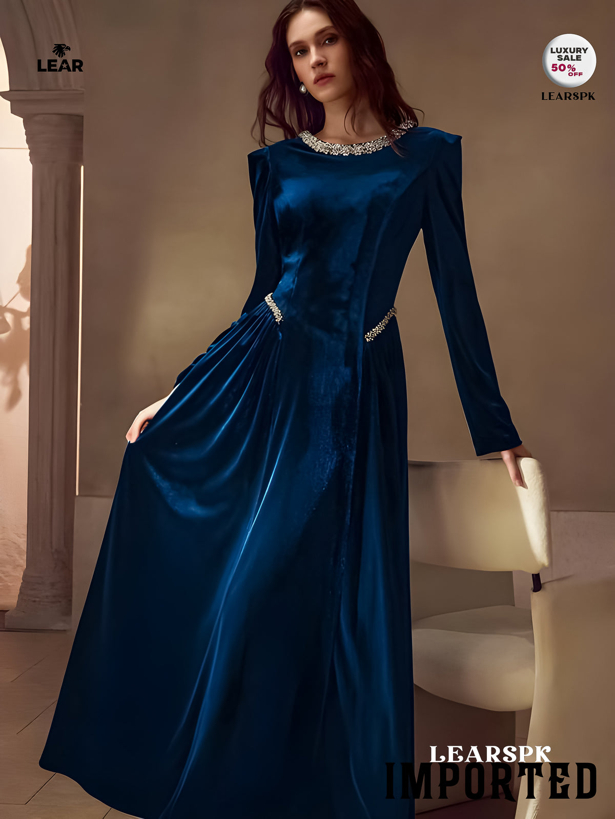 Velvet Rhinestone Trim Formal Dress | Long Sleeve Evening Gown